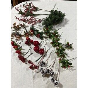 Vintage 31 Mixed Lot Of fruits,  shiny apples.  holly berries ,pine cones Picks